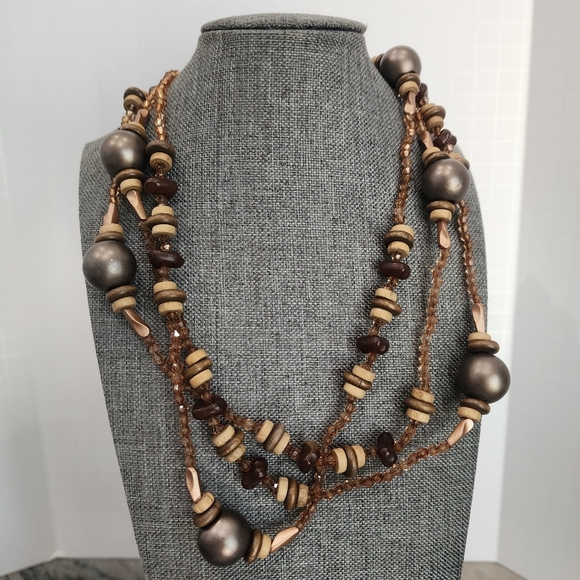 Layered Earth Tone Beaded Infinity Necklace – Wood & Bronze Accents - Picture 1 of 6